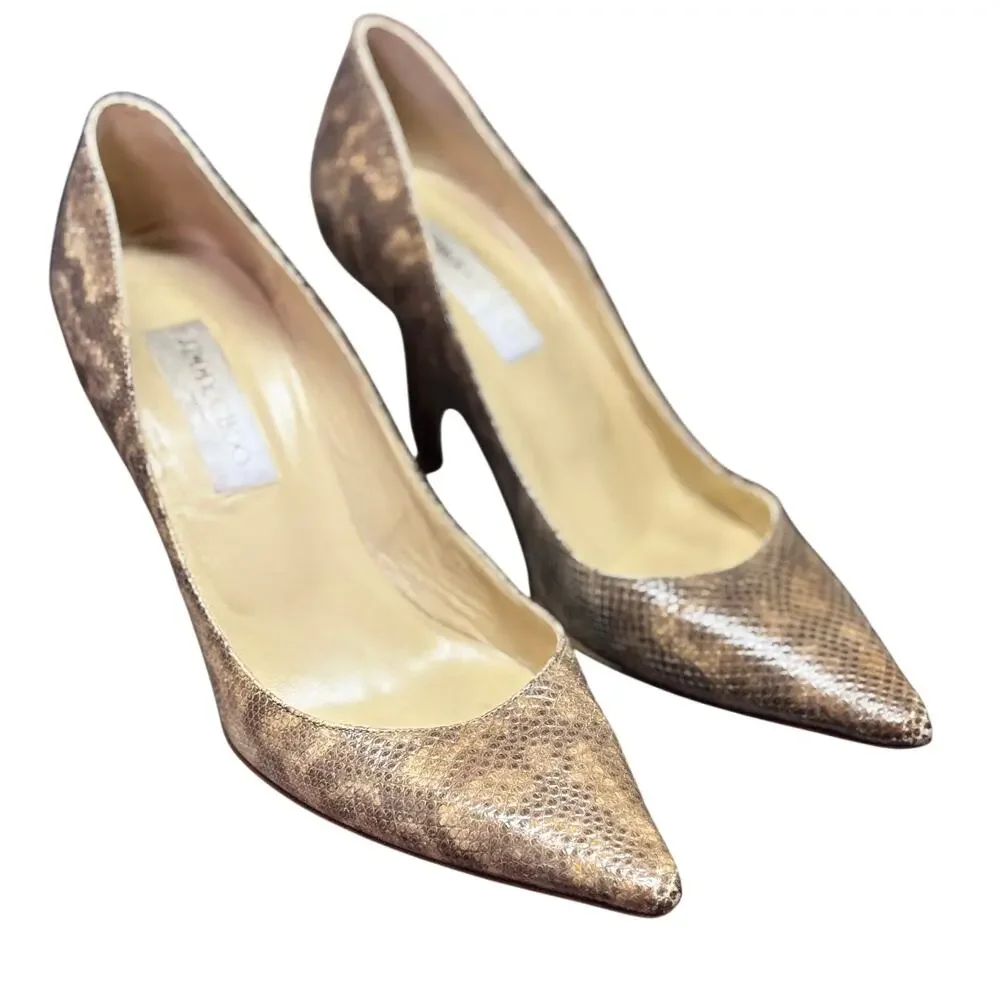 Jimmy Choo Snakeskin Leather Pumps Heels 39 8.5 Brown Pointed Toe Python Italy